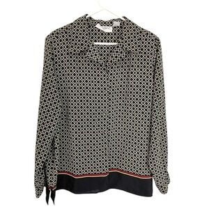 St. Clair 22W Black Geometric Chain Print Button Up Blouse Long‎ Sleeve Vintage